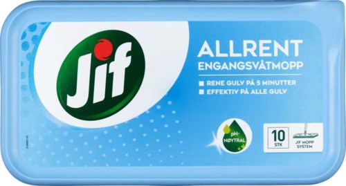 En blå boks av Jif Allrent gulvrengjøring med en grønn og hvit logo, som viser rask rengjøring og pH-nøytralitet.
