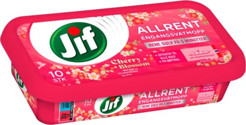 En rosa beholder av Jif All-Rent flekkfjerner med duft av kirsebærblomst, sier den fungerer på fem minutter.