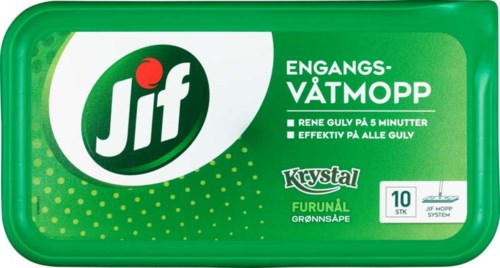 En grønn rektangulær beholder for rengjøringskluter med Jif-logo og norsk tekst, som indikerer at det er en engangs våtmopp.