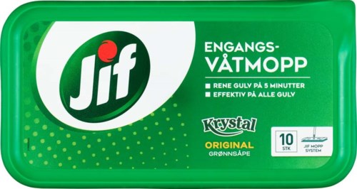 En grønn Jif-wipes beholder med tekst, logo og funksjoner skrevet på den.