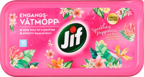 Pink Jif cleaning wipes package with flowers, text in Norwegian, and a lime illustration.