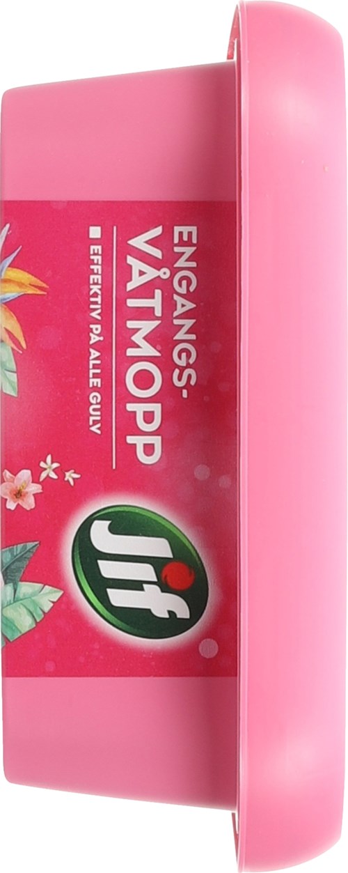 Pink container with Jif logo and text about flavors, including a flower design and the phrase 'Engangsvatmopp,' in Danish.