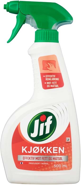 En hvit sprayflaske med grønn dyse, merket Jif kjøkkenrenser, for å fjerne fett og matrester.