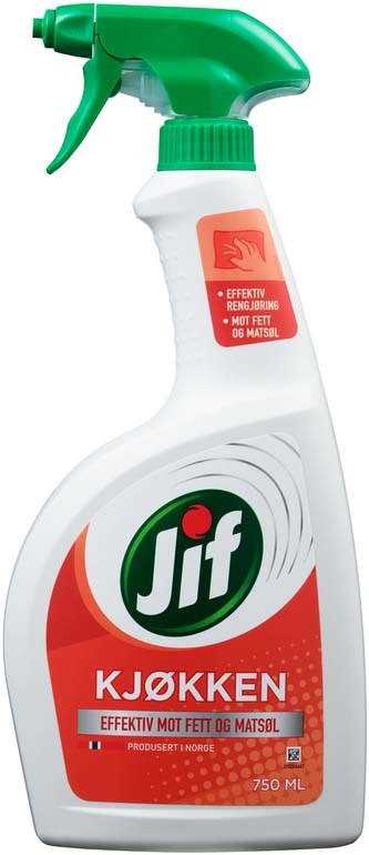 En hvit sprayflaske med grønn dyse merket Jif Kjøkken, brukt til kjøkkenrengjøring, 750 ml kapasitet.