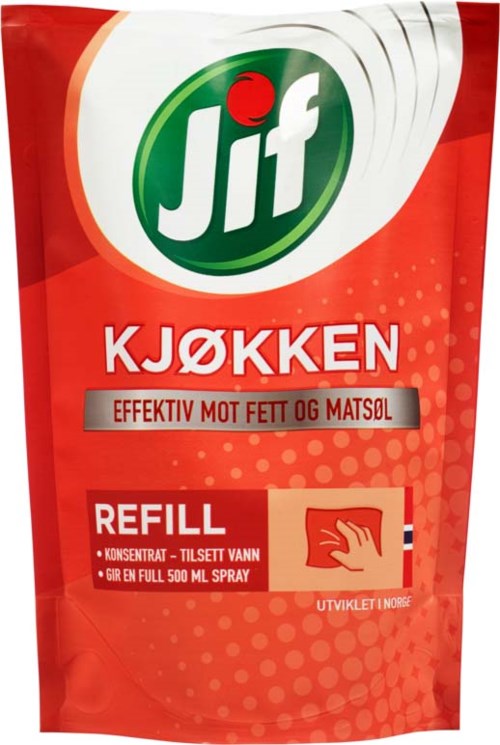 En rød påfyllingspose for Jif kjøkken spray, med norsk tekst om effektivitet mot fett og mat.