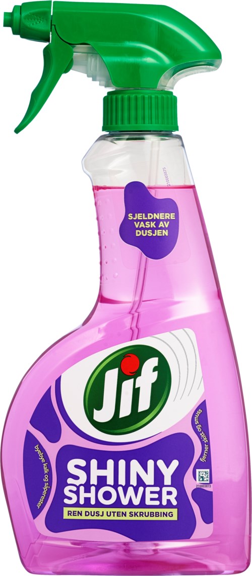 En rosa sprayflaske med grønt munnstykke, merket Jif Shiny Shower, for rengjøring av dusjer. Inneholder rengjøringsmiddel.
