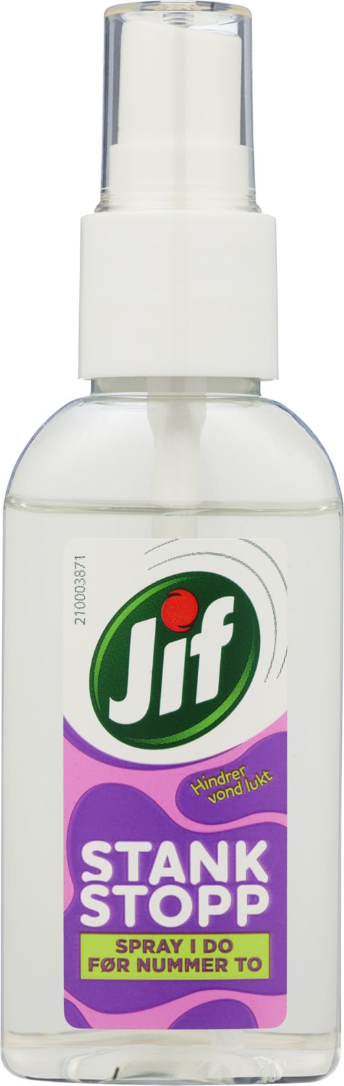 En liten sprayflaske med hvit hette og etikett, kalt Jif Stank Stopp, brukt for å stoppe dårlig lukt.