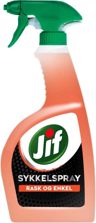 En sprayflaske med grønne og hvite deler, merket Jif med svart og rød design, for rengjøring av sykler.