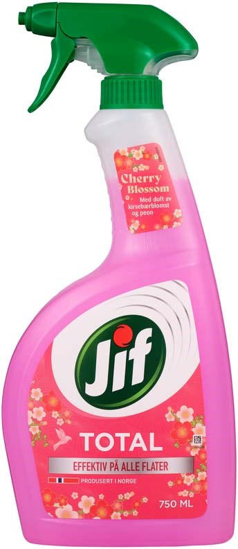 En rosa sprayflaske med grønt sprayhodet merket Jif Total for rengjøring. Den har duft av kirsebærblomst.
