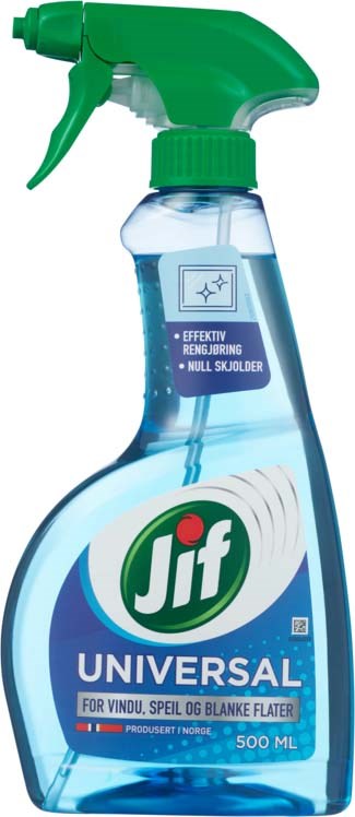 En sprayflaska med grön pump och blå vätskerengöring märkt Jif Universal för rengöring av ytor.