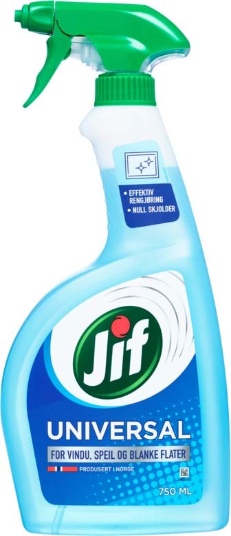 En rengjøringssprayflaske merket Jif Universal, hvit med grønn spraydyse, brukt til å vaske overflater.