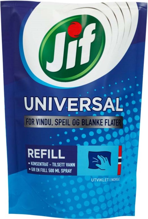 Dette er en påfyllingspose for Jif universell rengjøring for vinduer, speil og flate overflater, utviklet i Norge.