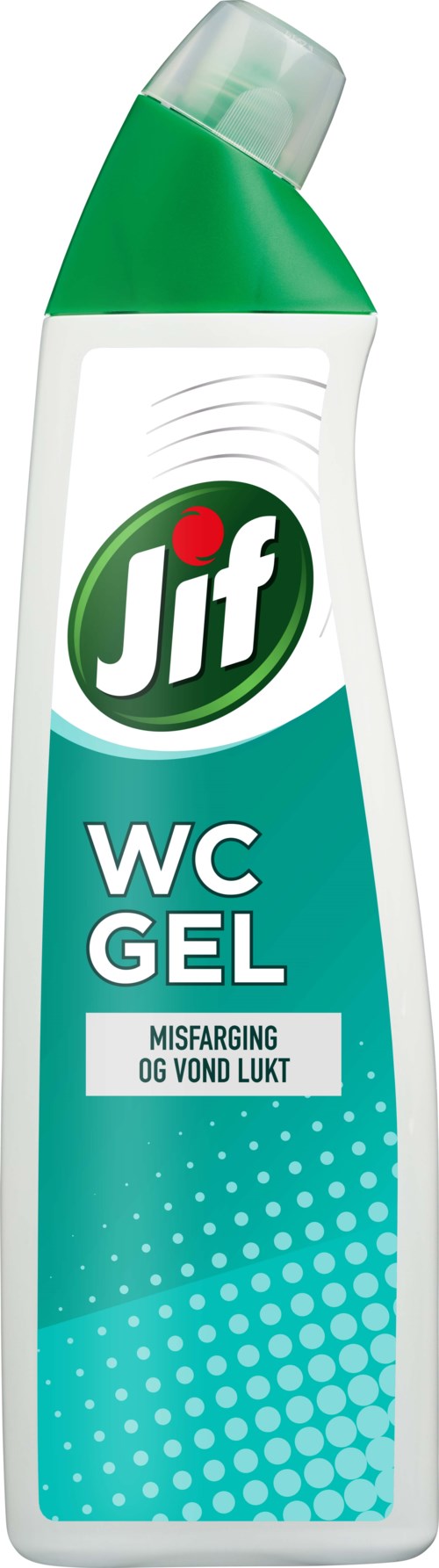 En lang flaske med Jif WC Gel rengjøringsmiddel med grønt og hvitt merke og skrått lokk.