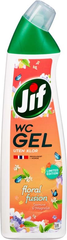 Et rengjøringsgelprodukt kalt Jif WC Gel med blomsterduft, begrenset utgave, i en flaske med grønn hette.