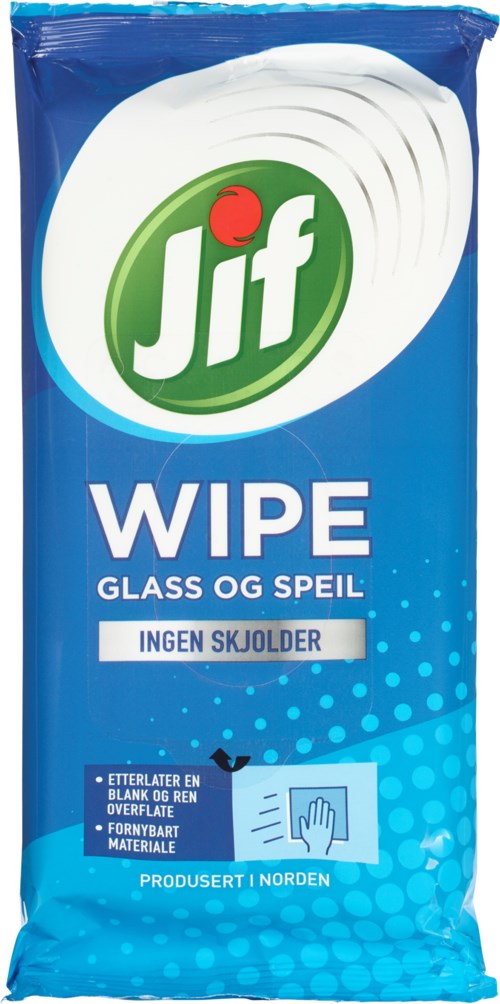 En blå pakke med Jif glass- og overflaterenser og tørk. Den viser en hånd som tørker en overflate.