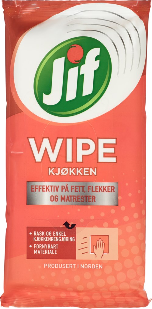 Pakke med plastvaskekluter fra Jif, merket for kjøkken, rød og grønn farge, viser en håndikon.
