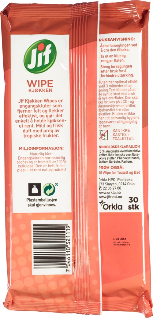 En rød pakke med Jif kjøkkenkluter, merket 'WIPE KJØKKEN,' med instruksjoner, strekkode og resirkuleringssymboler.