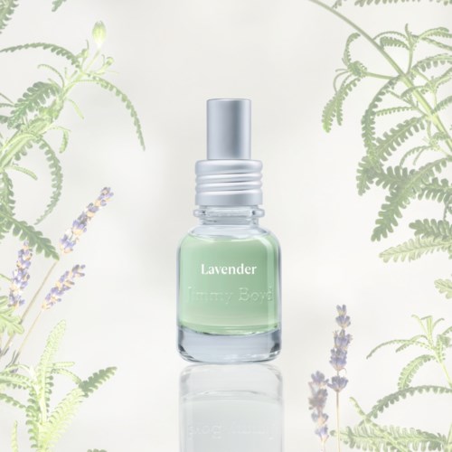 Lavendelin essential oil -pullo, jonka ympärillä laventeli ja saniaiset.