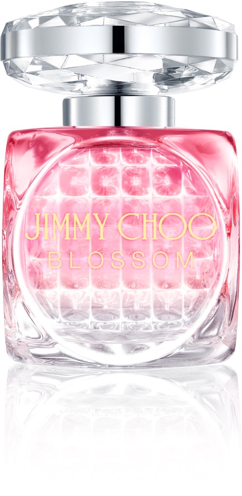 Dette er en rosa parfymeflaske med en klar, fasettert lokk. Den har gyllen tekst som sier "Jimmy Choo Blossom."