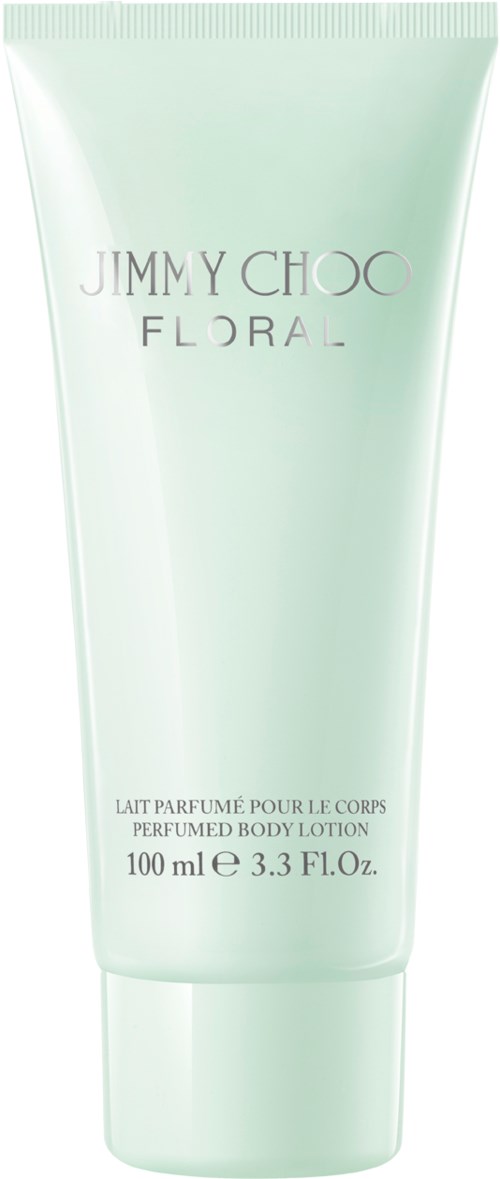 En ljusgrön, mjuk tub med parfymkroppslotion från Jimmy Choo Flora, storlek 100 ml.