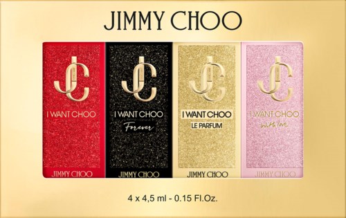 Sæt med fire Jimmy Choo-parfume bokse i rød, sort, guld og pink med glitter, alle med Jimmy Choo-logo.