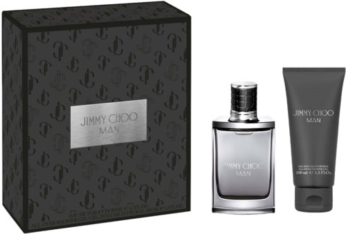 Jimmy Choo Man parfym och bodylotion i svart förpackning med silverdetaljer, bredvid en dekorativ box med ankare.