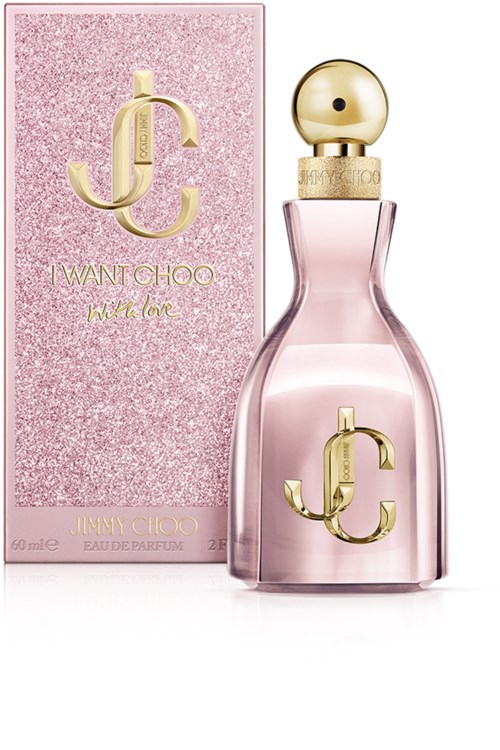 Różowa butelka perfum z złotymi akcentami i pasującym różowym opakowaniem, z logo Jimmy Choo i złotą nakrętką.