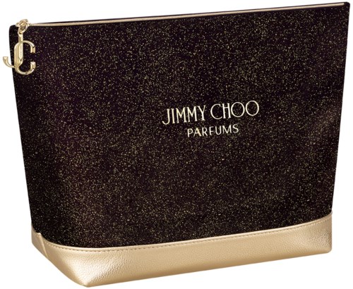 Eine schwarz-gold-glitzernde Tasche mit goldenem Boden, namens JIMMY CHOO PARFUMS, und goldener Reißverschluss mit Anhänger.