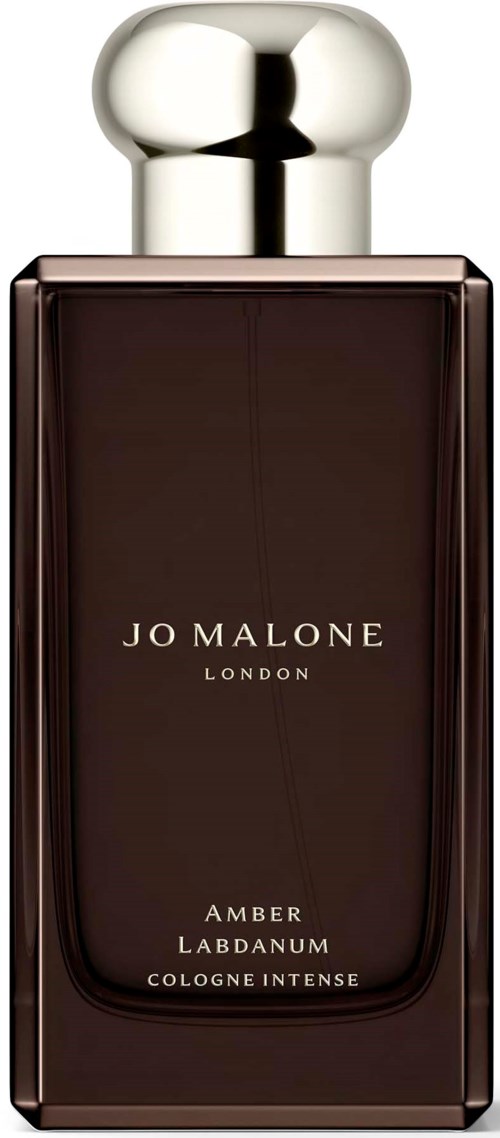 A dark brown bottle with a silver rounded cap. It is Jo Malone Amber Labdanum cologne.