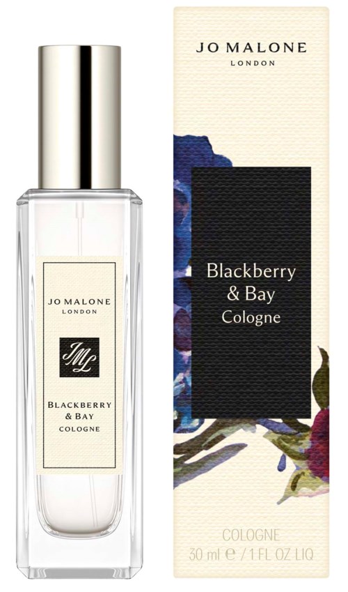 A perfume bottle and box, both with labels for Blackberry & Bay Cologne by Jo Malone London.