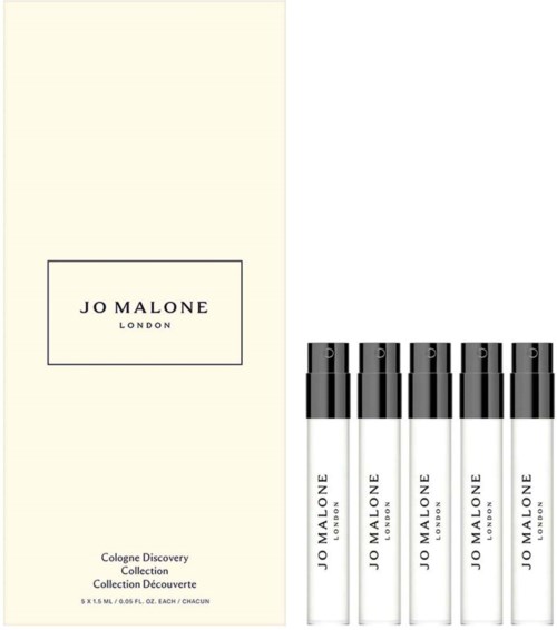A cream-colored box with five small black and white perfume sample bottles to the right, and text reading 'Jo Malone London' and product details.