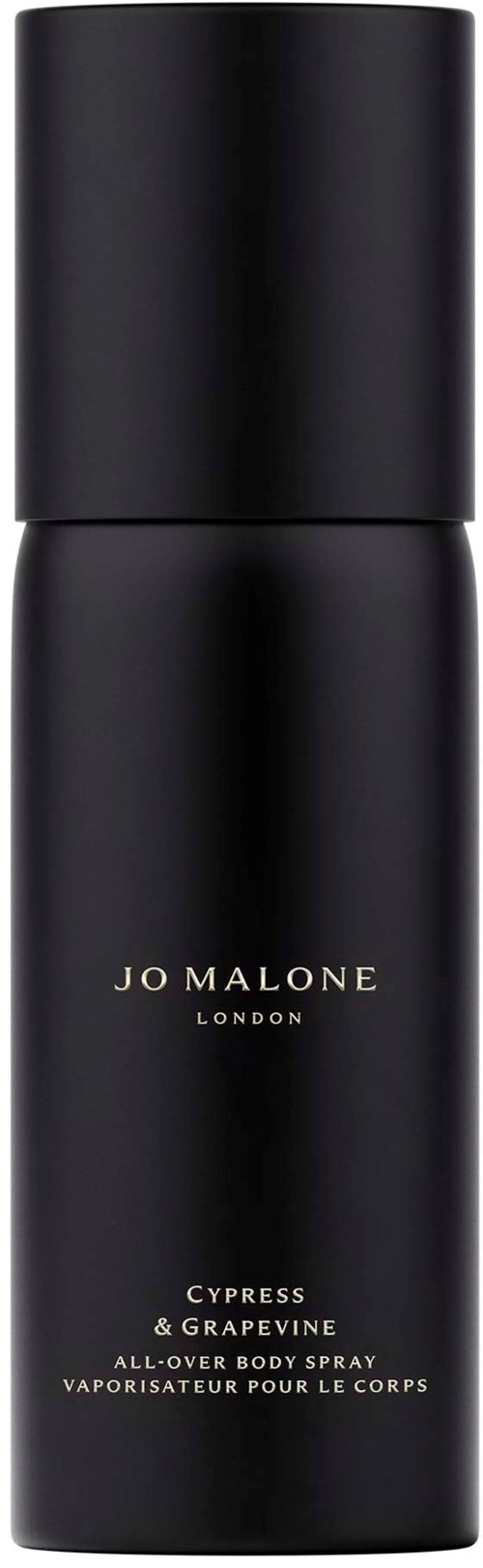 Sort sprayflaske, Jo Malone mærke, duft af Cypress & Grapevine, all-over body spray med guldtekst.