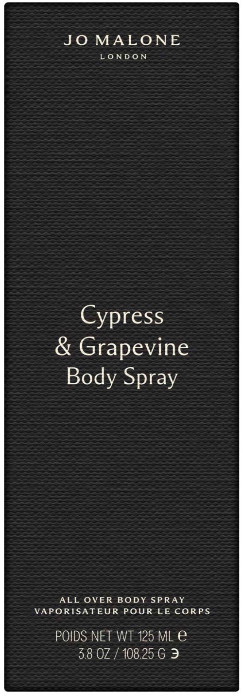 Jo Malone-logo, sort baggrund, hvid tekst, nævner Cypress & Grapevine body spray, 125 ml.