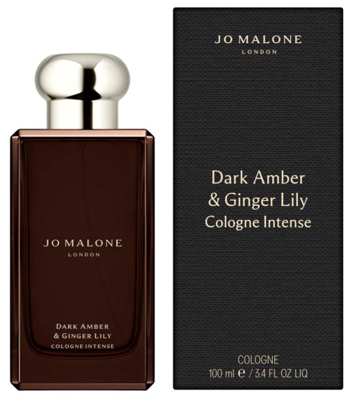 En parfobeholder og æske mærket Dark Amber & Ginger Lily Cologne Intense af Jo Malone.