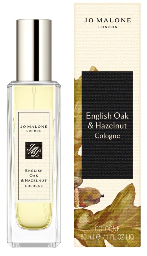 A perfume bottle and box for English Oak and Hazelnut Cologne by Jo Malone London, with a simple design.