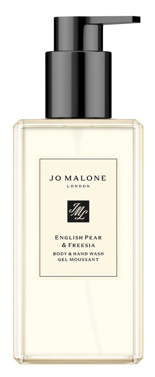 Puhdas pumppinen pullo Jo Malone Englanti päärynä & freesian vartalopesulle, musta pumppu ja etiketti.
