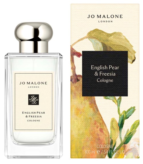 A perfume bottle and box with a pear and freesia design, labeled English Pear & Freesia Cologne by Jo Malone.