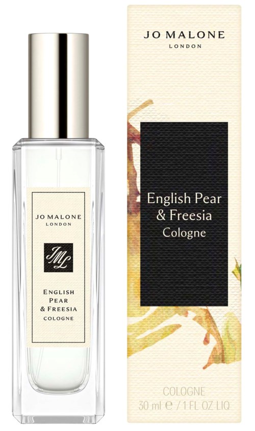 A perfume bottle with cream-colored label and a matching box, both displaying the smell of pear and freesia.