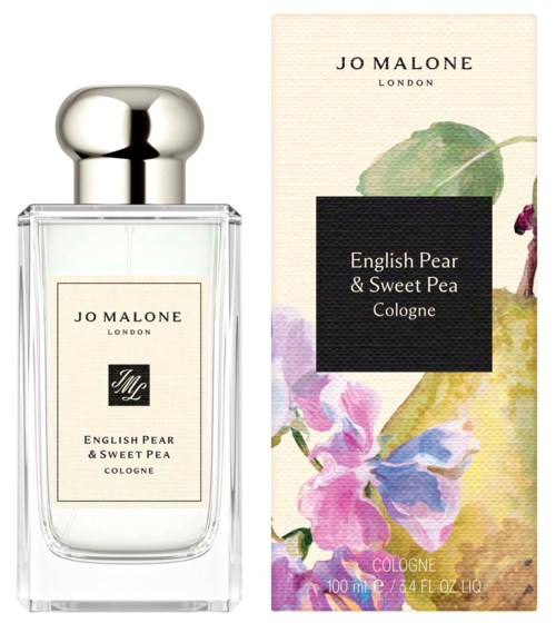 A bottle of Jo Malone cologne with floral packaging design featuring colorful flowers and leaves.