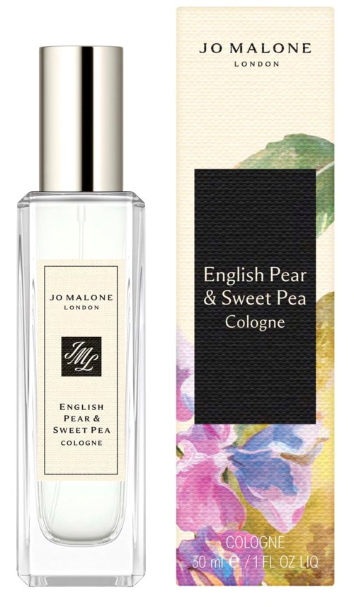 A perfume bottle and box for Jo Malone English Pear & Sweet Pea Cologne with floral colors on the box.