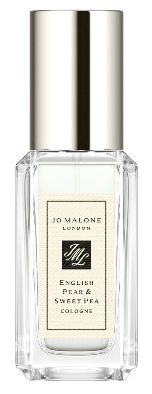 A clear glass perfume bottle with a silver cap, labeled "Jo Malone London" and "English Pear & Sweet Pea."