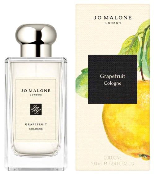 A perfume bottle labeled Jo Malone London with grapefruit scent, next to its box featuring a lemon and lemon leaves.