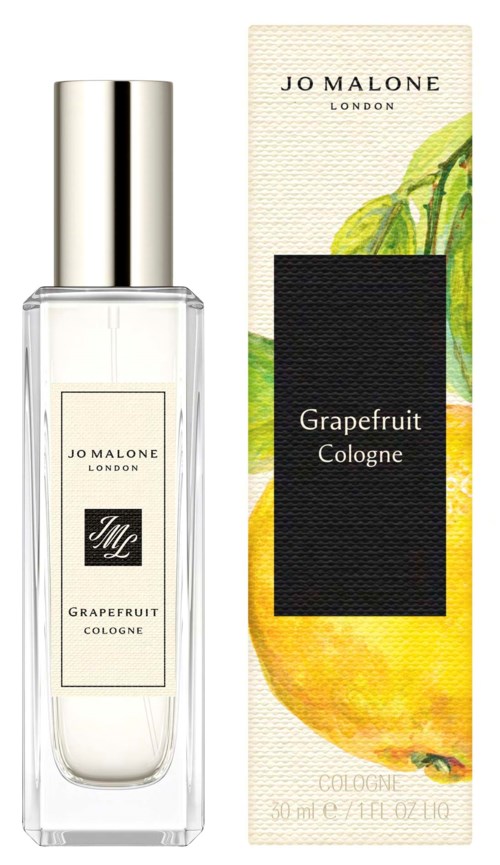 A perfume bottle labeled Jo Malone Grapefruit Cologne with a box showing a grapefruit and green leaves.