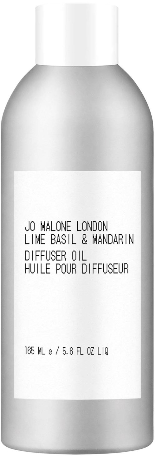 A silver bottle of Jo Malone London diffuser oil with a white label, 165 ml, scent of lime basil & mandarin.