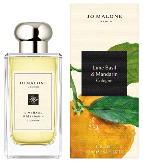Butelka perfum Jo Malone z ilustracjami cytrusów w zielono-żółtym kolorze na opakowaniu.