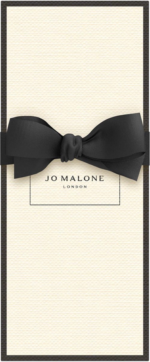 Elegant white background with a black ribbon bow and Jo Malone London logo at the center.