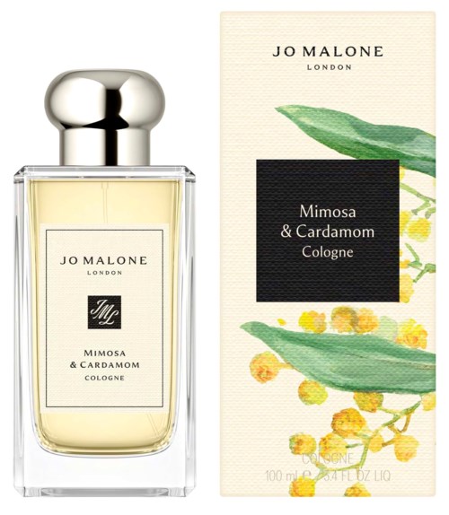 Jo Malone Mimosa and Cardamom Cologne bottle and packaging with green leaves and yellow flowers design.