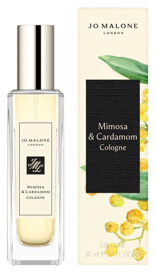 A perfume bottle and box with yellow and green floral patterns, labeled Jo Malone Mimosa & Cardamom Cologne.