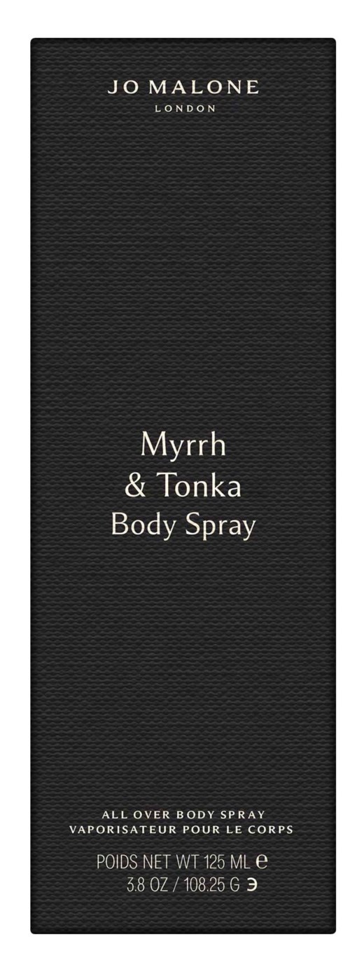 Zwart doosje met witte tekst voor Jo Malone Myrrh & Tonka Body Spray, 125 ml. Eenvoudig en elegant ontwerp.