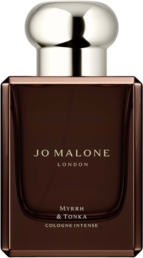 Donkerbruine parfumfles met zilveren dop en witte tekst, met label Jo Malone London Myrrh & Tonka Cologne Intense.